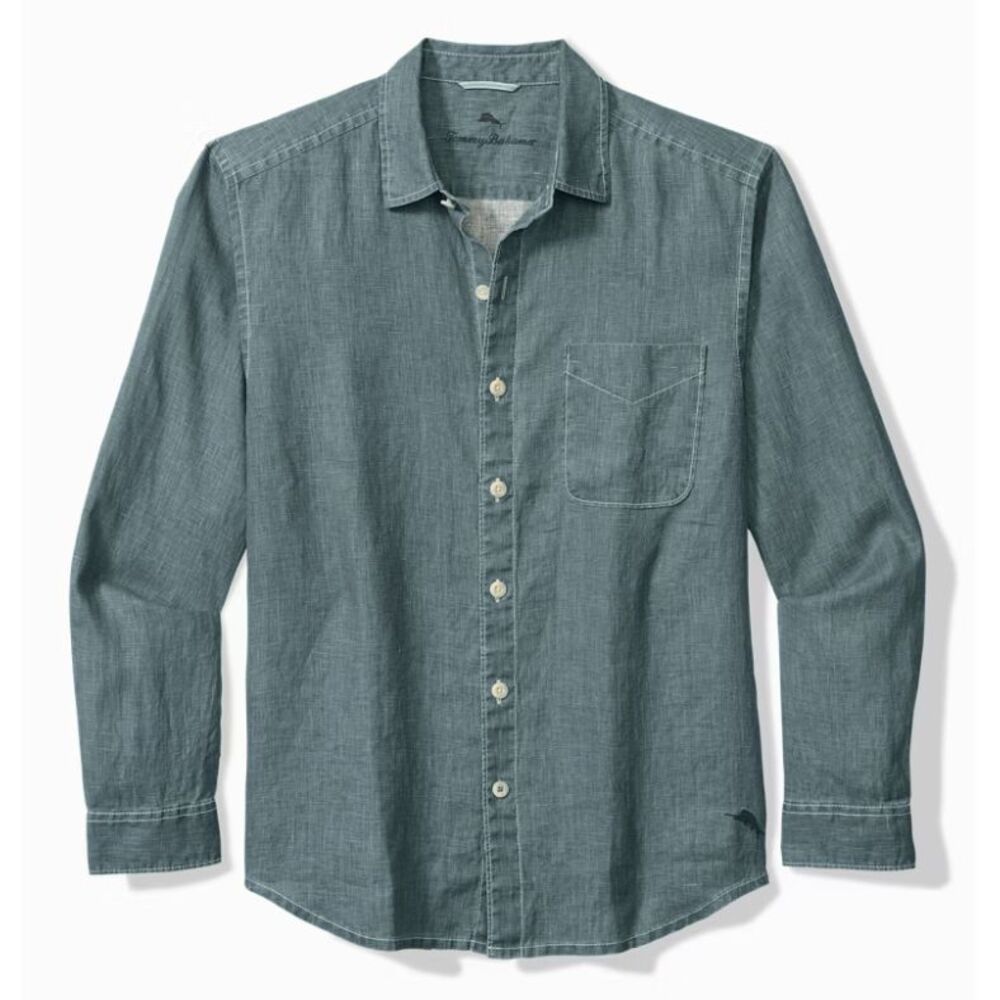 Tommy Bahama Linen Sea Glass Breezer Shirt Mens Sz L Chambray Blue Button Up